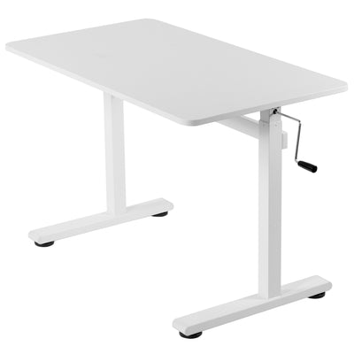 Manual hand crank desk workstation with frame and table top for home and office. 