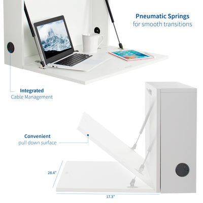 Sturdy wall mount desk with drop-down drawer and integrated cable management.