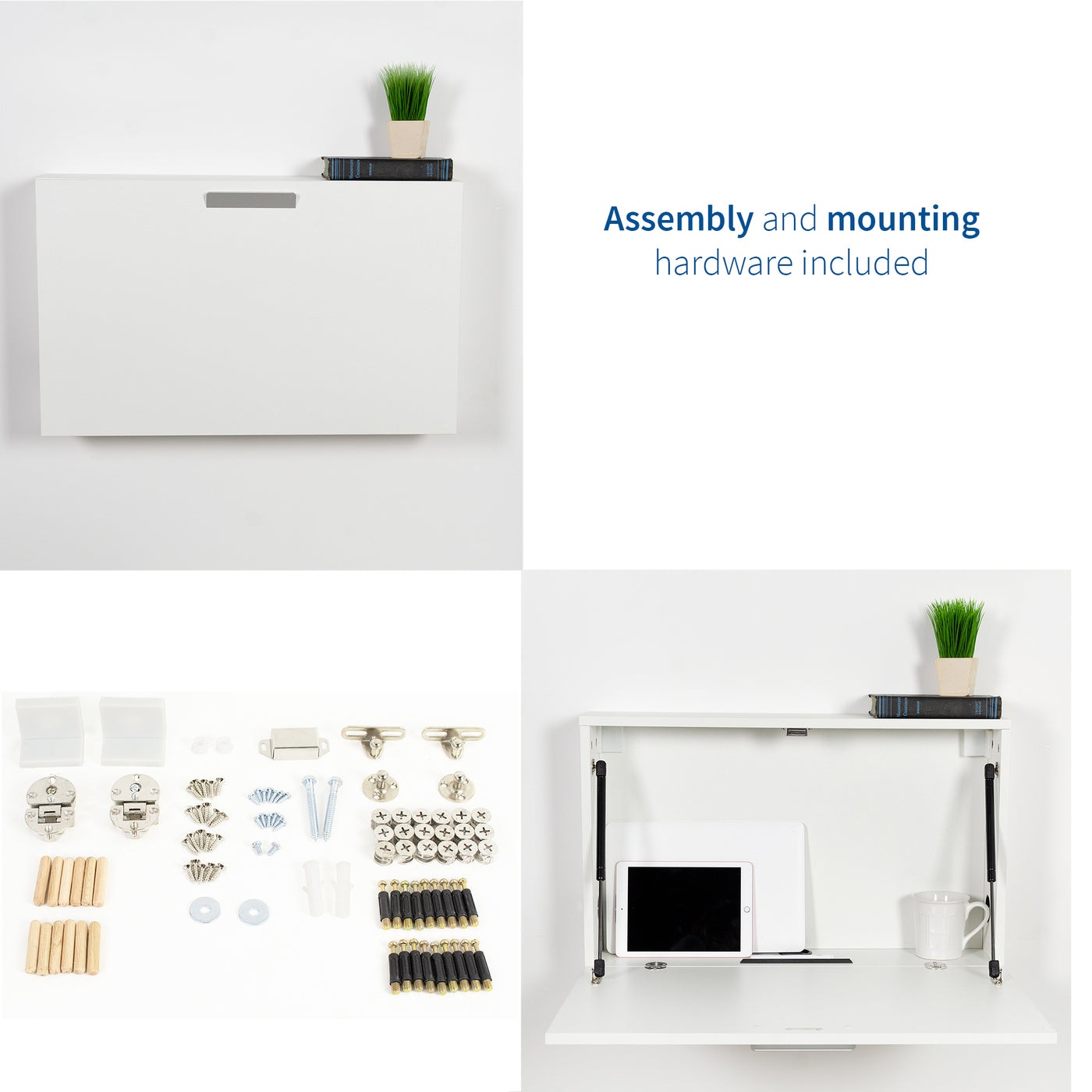 Convenient wall mount desk with easy assembly and hardware included.