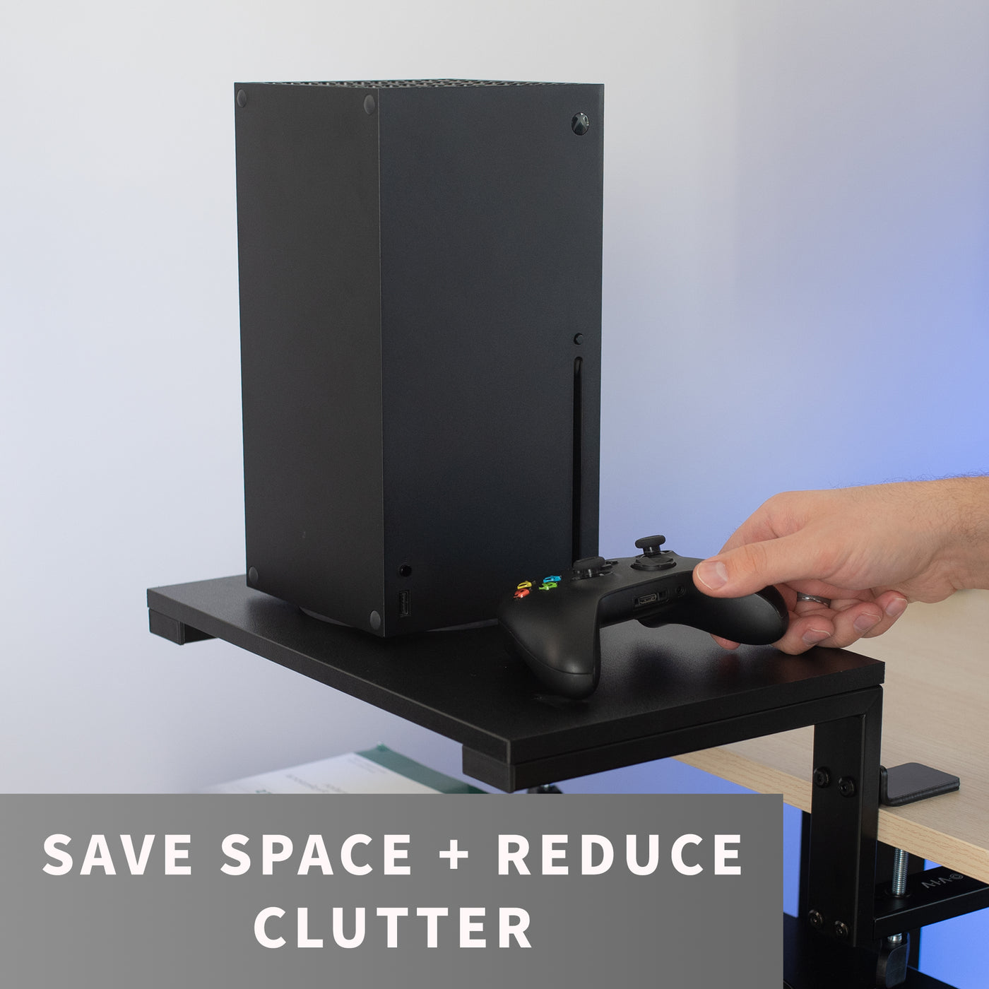 Maximize space and reduce clutter with a desk extension shelf.