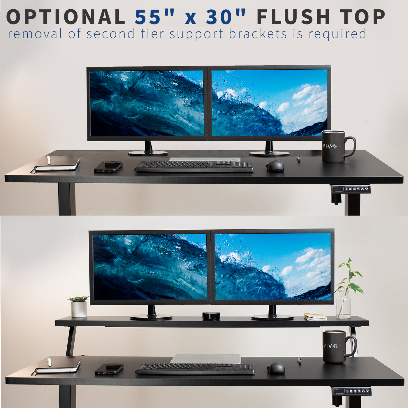 Heavy-duty adjustable sit or stand dual tier ergonomic office desk workstation.