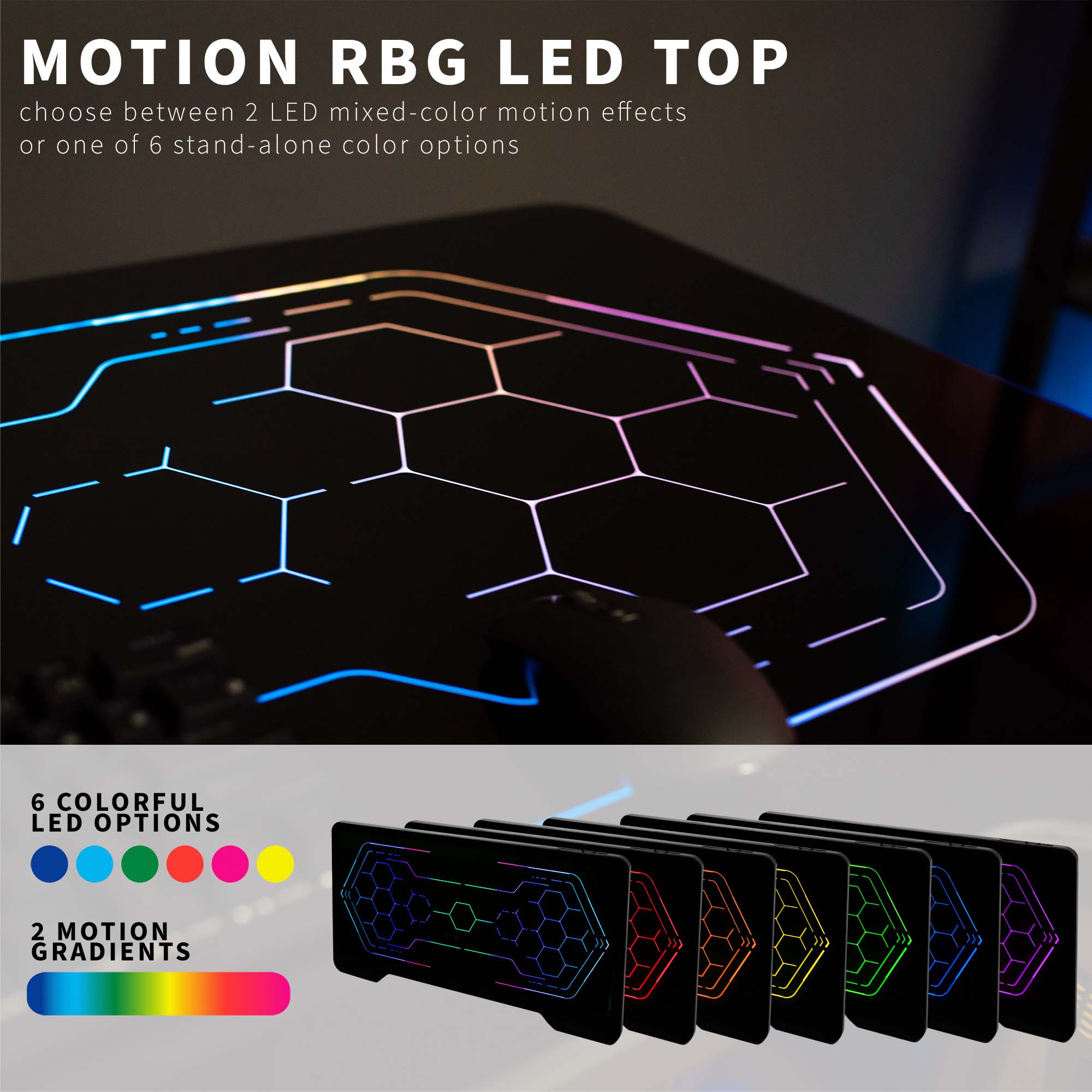 Sturdy RGB lighting gaming tabletop desktop with color changing remote controlled LED lights under tempered glass tabletop surface.