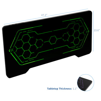 Sturdy RGB lighting gaming tabletop desktop with color changing remote controlled LED lights under tempered glass tabletop surface.