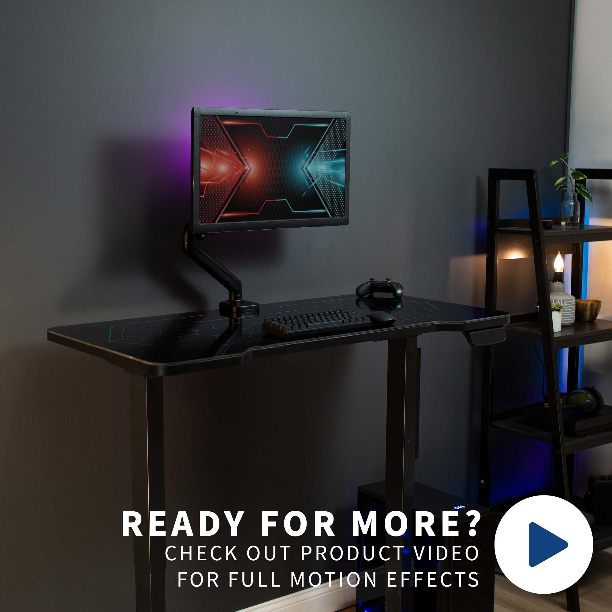 Sturdy RGB lighting gaming tabletop desktop with color changing remote controlled LED lights under tempered glass tabletop surface.