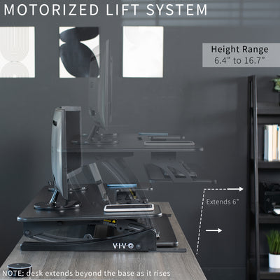 Pneumatic lift for easy sit-to-stand adjustments with varying height ranges.