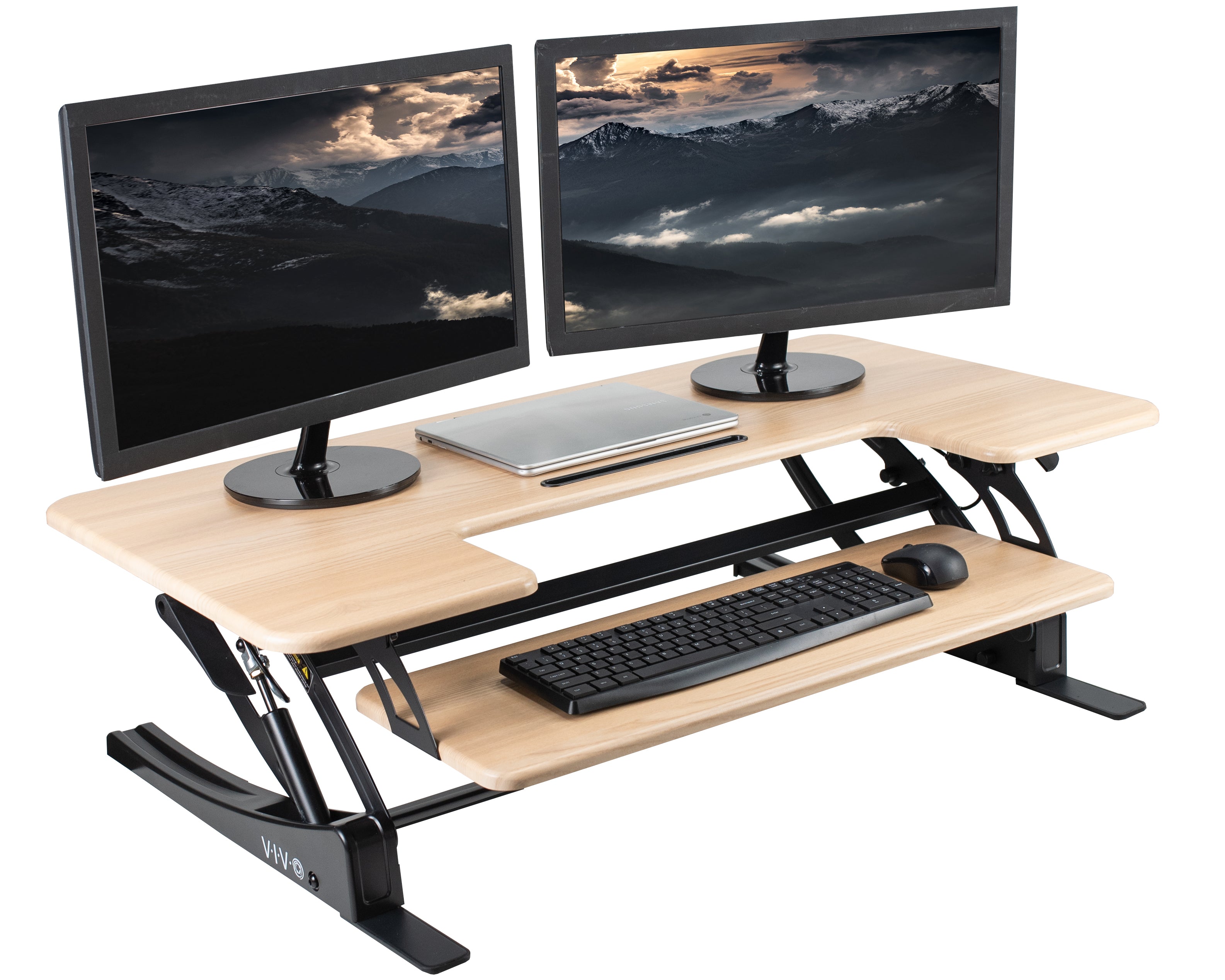 Heavy-duty height adjustable desk converter monitor riser with 2 tiers.