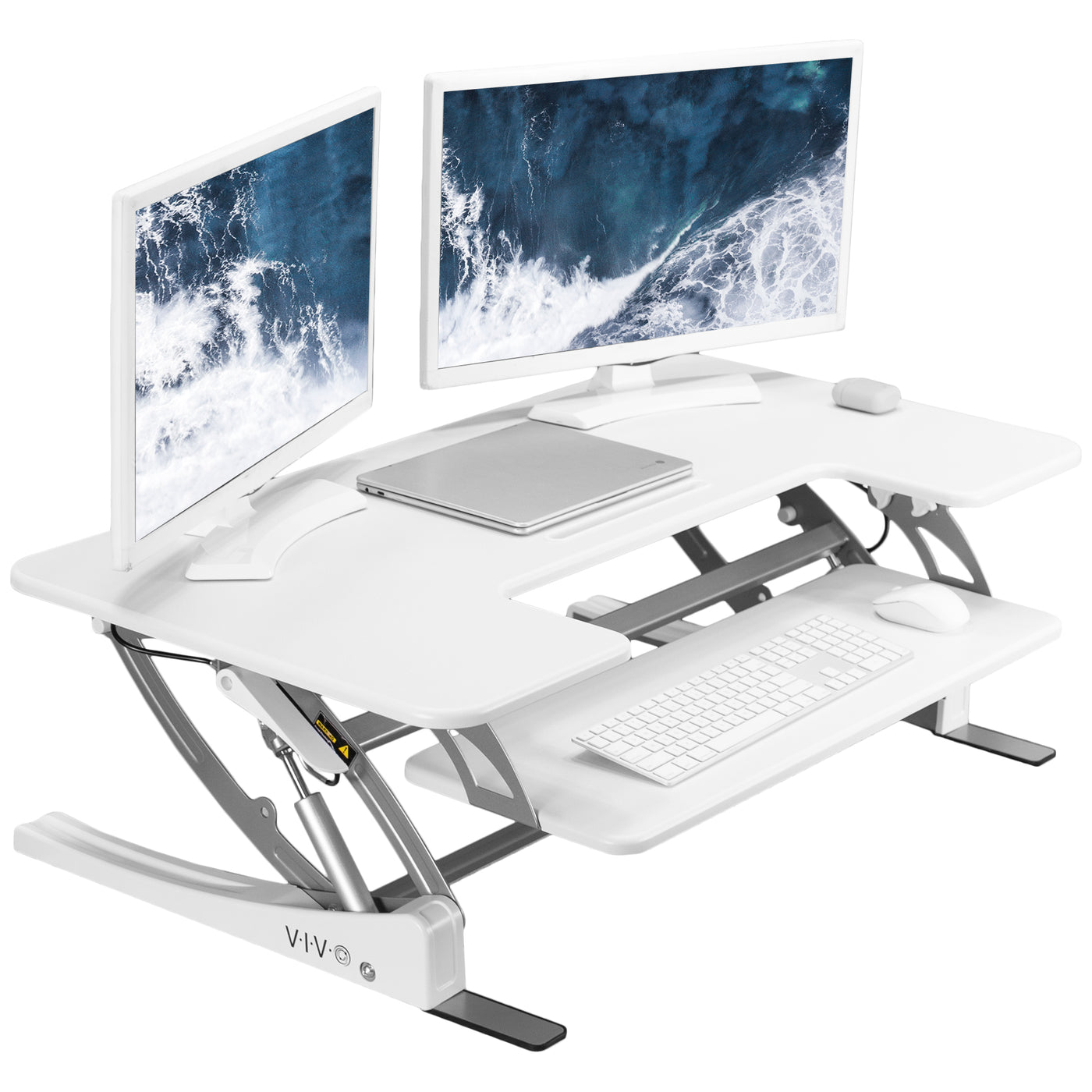 Heavy-duty height adjustable desk converter monitor riser with 2 tiers.