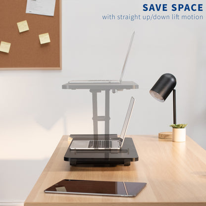 Ergonomically advance your workspace while maximizing current desk space with vertical movements of the desk converter.