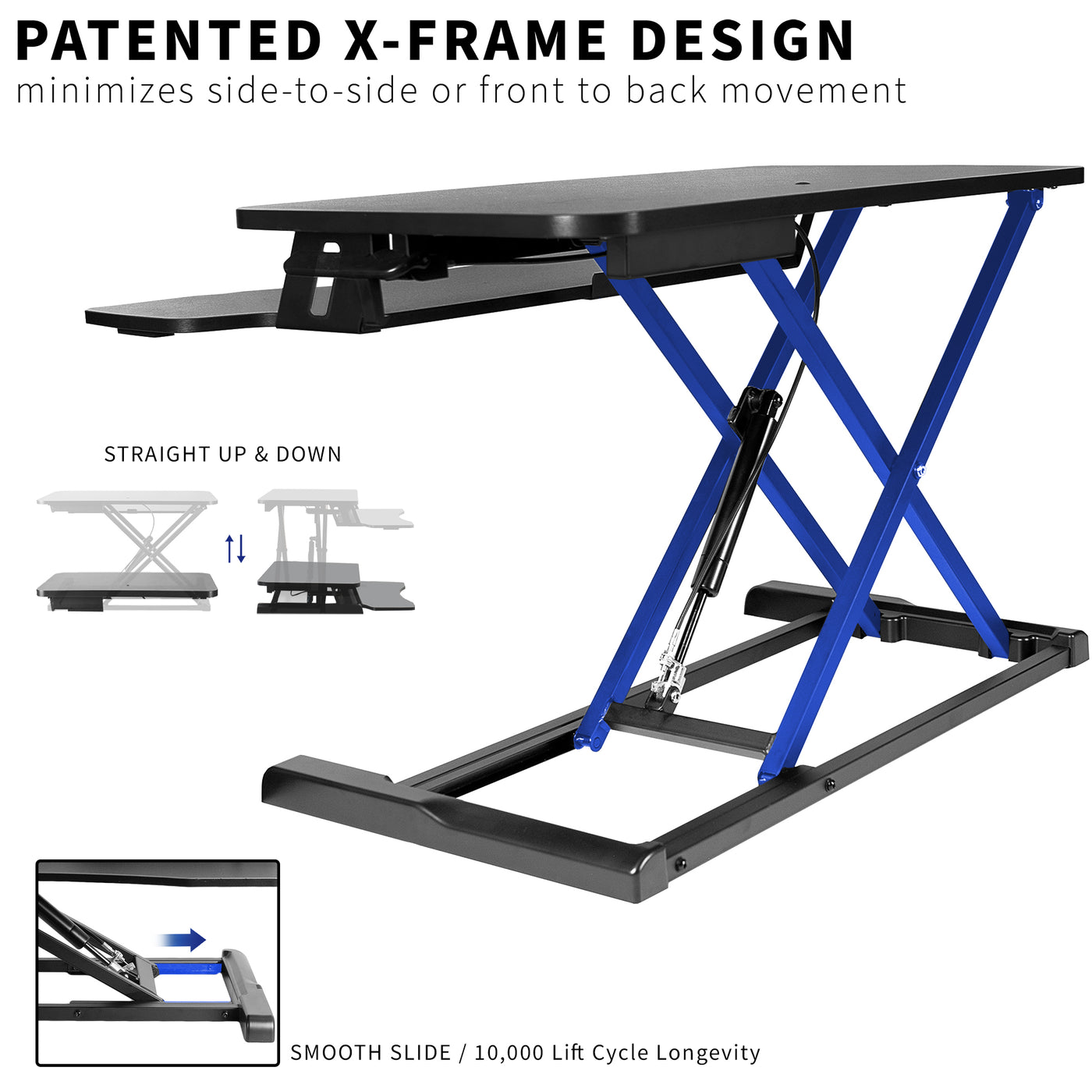 Special X-frame design for structurally sound desk riser and straight vertical movements.