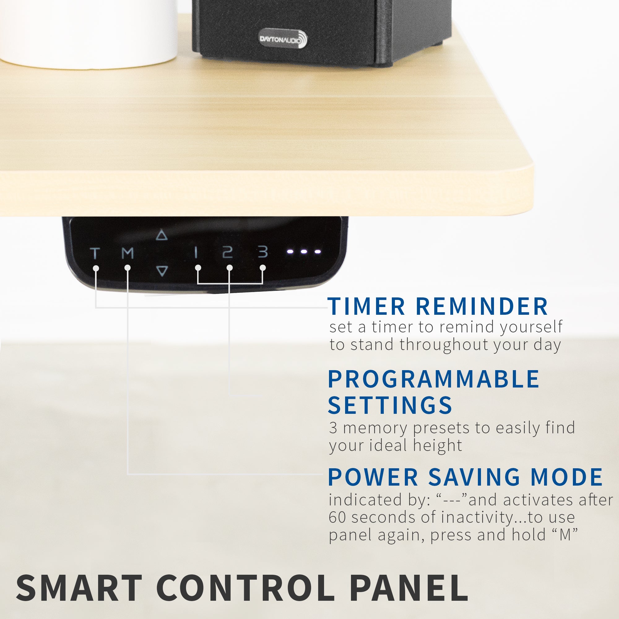 Programmable remote with three presets, a timer to remind you to stand, and a power-saving mode.