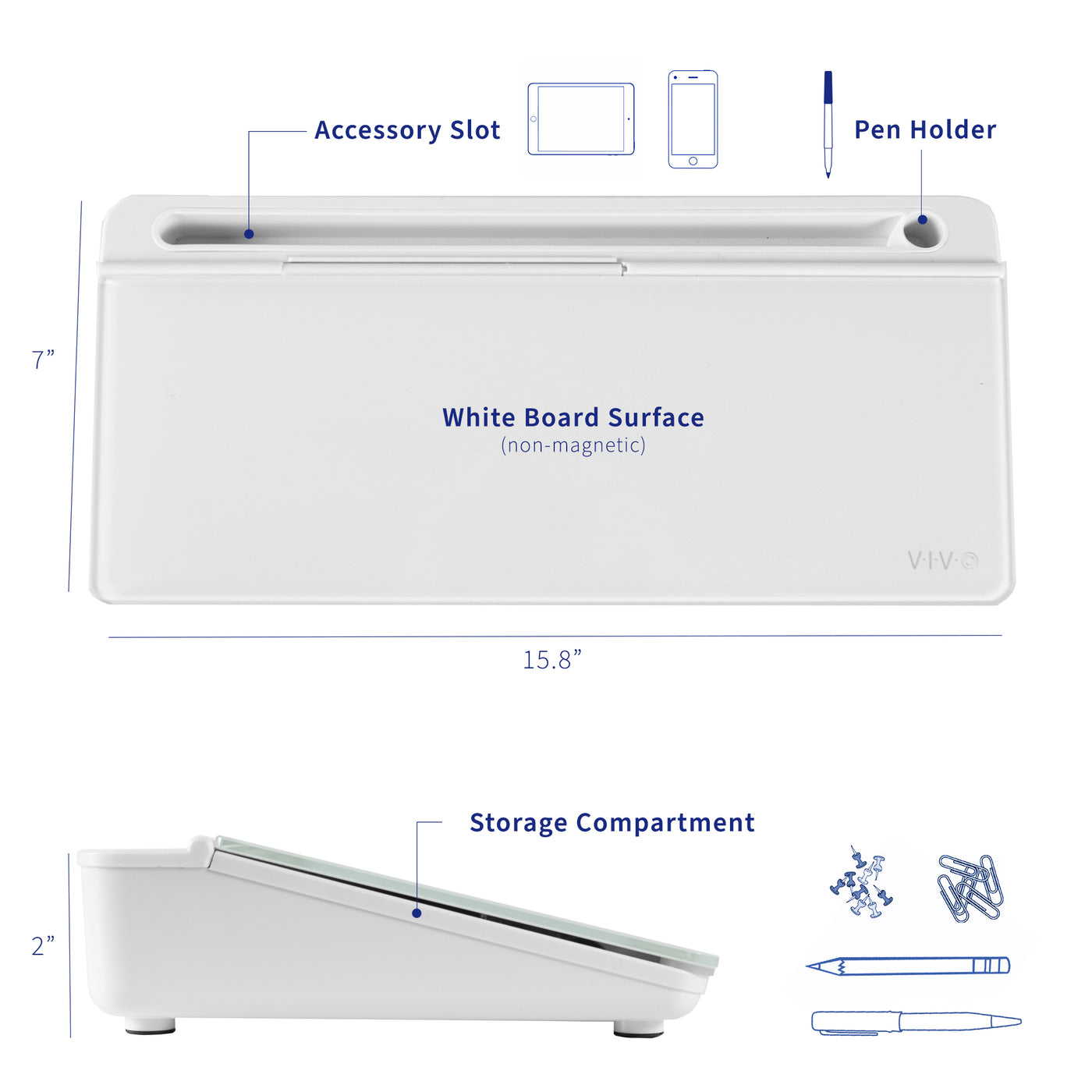 Whiteboard storage compartment with a dry-erase and magnetic surface.