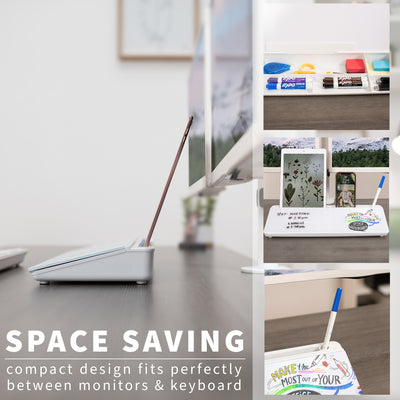 Space saving top of desk whiteboard storage with built-in device slot.