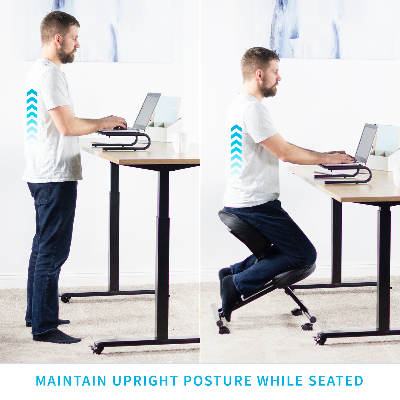 Maintain an upright standing posture while sitting in this ergonomic chair.