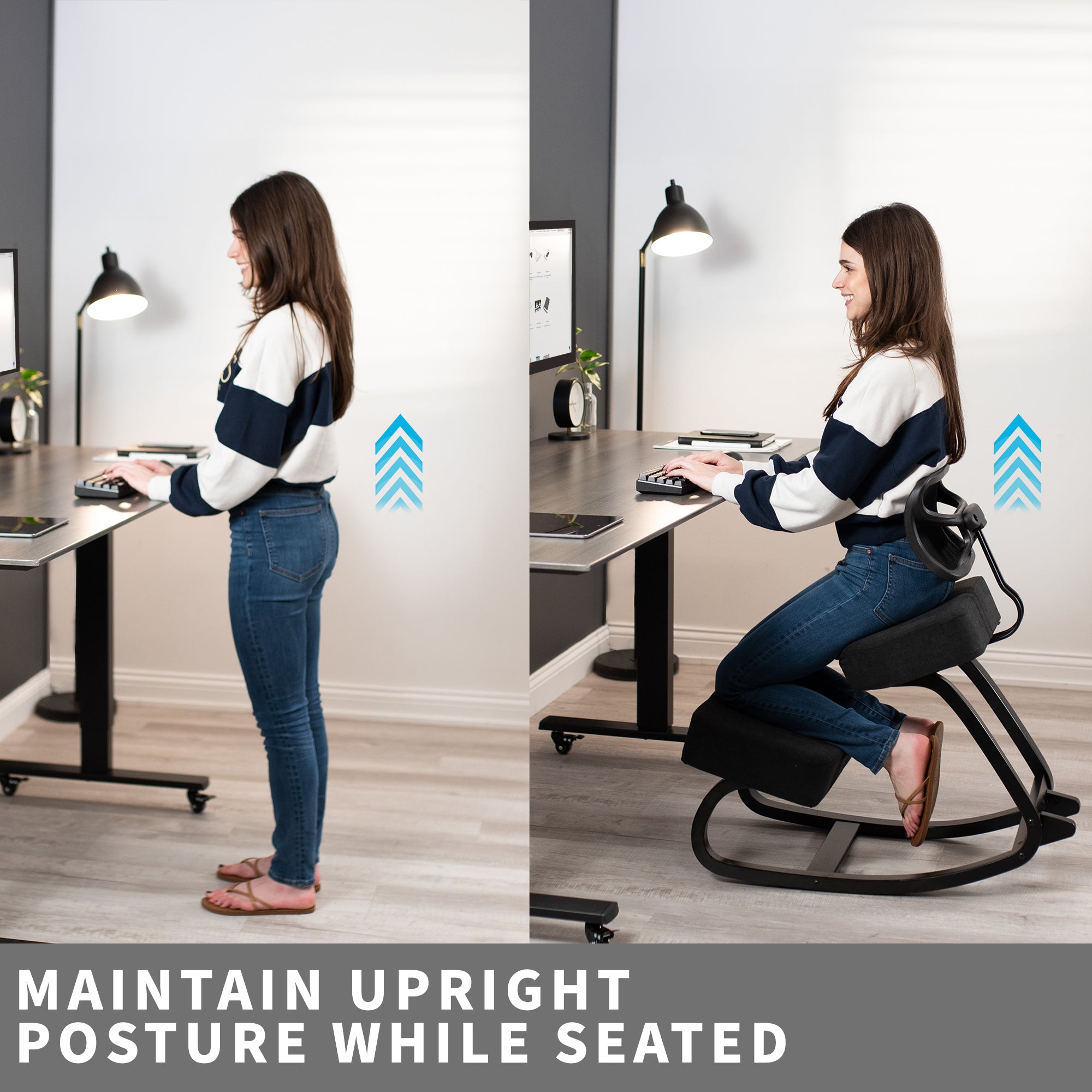 Comfortably use a rocking kneeling chair at a sit-to-stand electric desk.