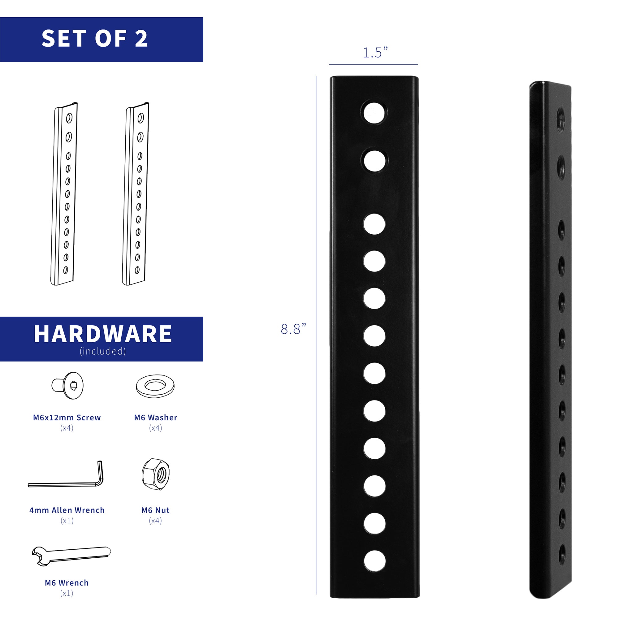 Dimensions and included hardware of two Vesa extender brackets.