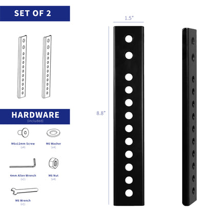 Dimensions and included hardware of two Vesa extender brackets.