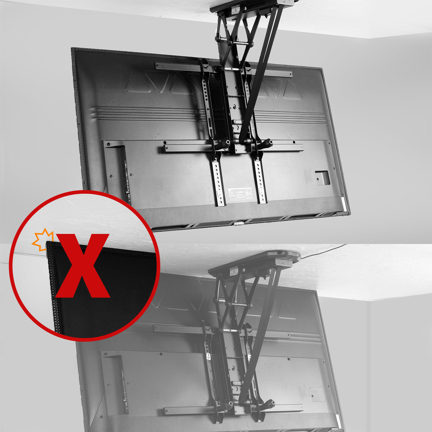 Protect your TV monitor from colliding with the ceiling with added brackets.