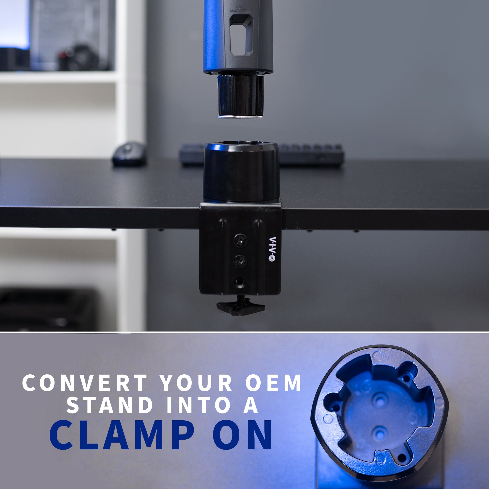 Transform your monitor stand into a clamp on a desk mount.