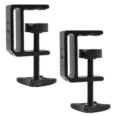 Heavy-duty desk mount attachments with universal clamps and optional grommets.