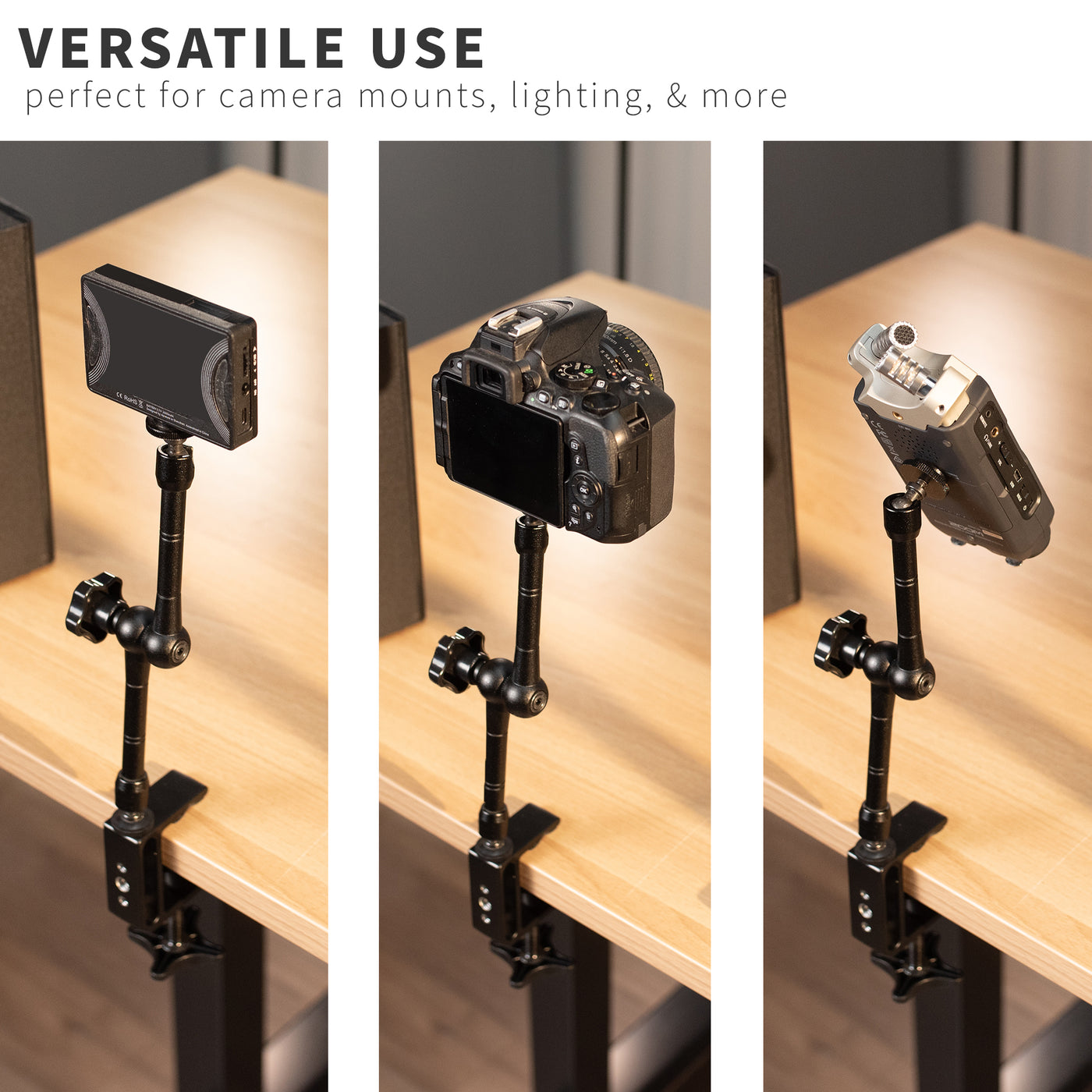 Versatile clamp-on mounts that can be used to securely mount a variety of studio and office equipment.