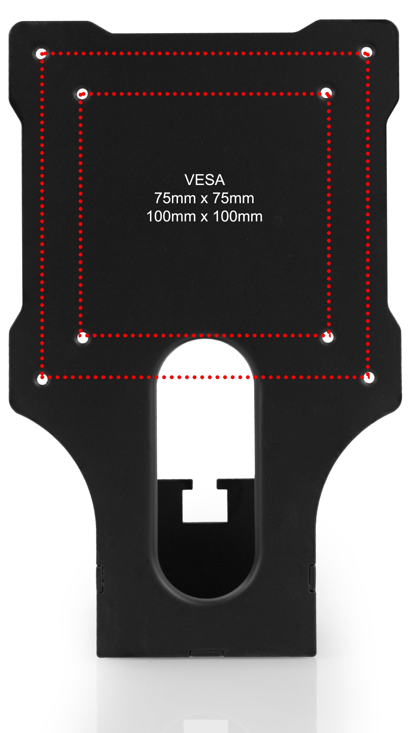 Standard VESA plate patterns of 75x75mm and 100x100mm.