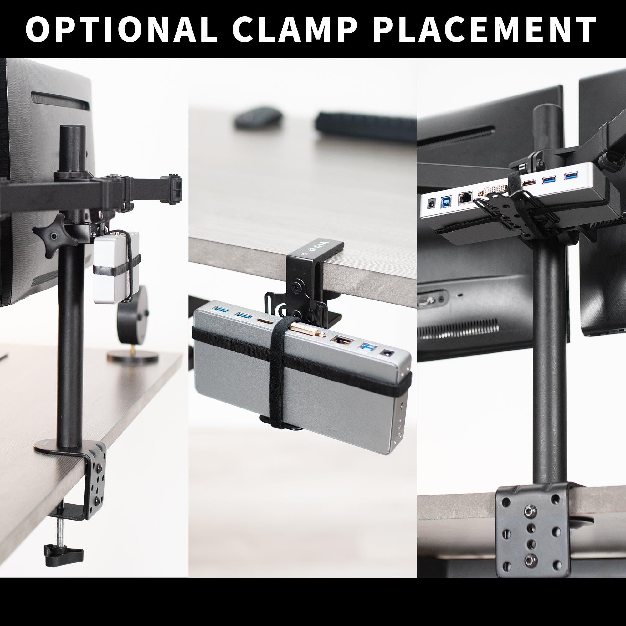 Versatile docking mount station under the desk, behind the monitor, or on the side of the desk.