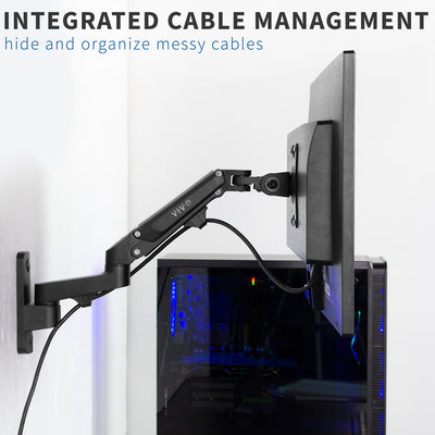 Sturdy ergonomic aluminum single monitor wall mount with integrated cable management.