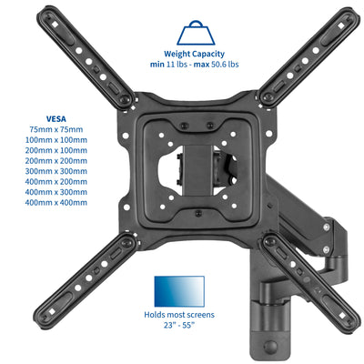 Articulation of the TV mount is featured in tilt, swivel, and rotation movements.