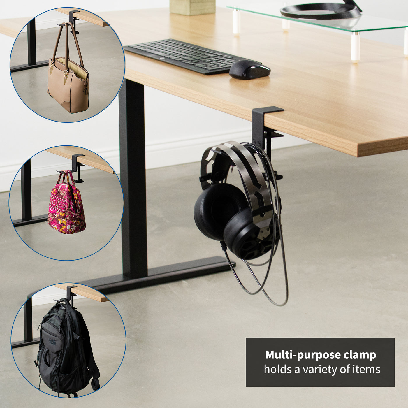 Multi-purpose clamp on desk hook that supports backpacks, purses, headphones, lunchboxes, and more.