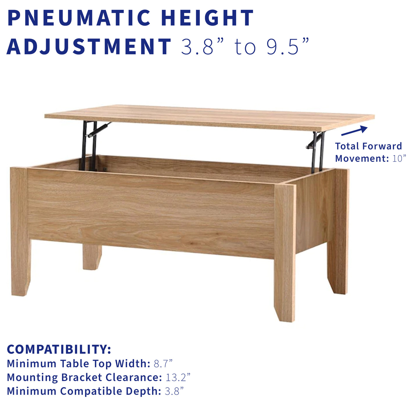 Pneumatic height adjustment and closure provided by two strong total forward movement arms.