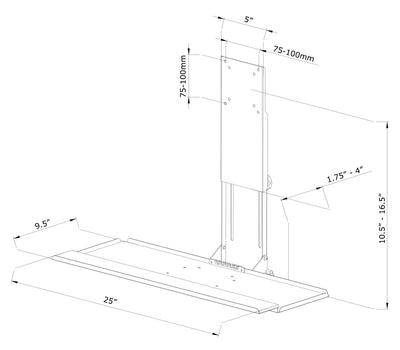 Blueprint and specification of lengths, width, and height of VESA mounting keyboard tray.