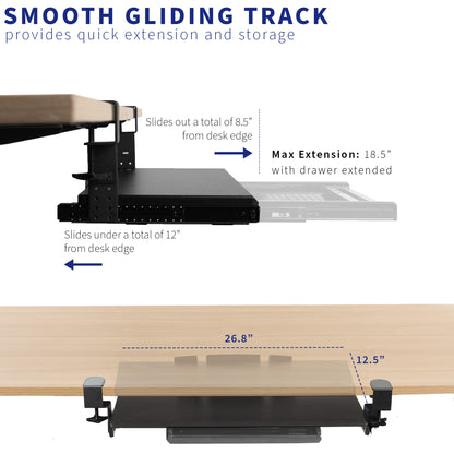 Clamp-on height adjustable convenient keyboard tray with pencil drawer for space efficient desk workstation.