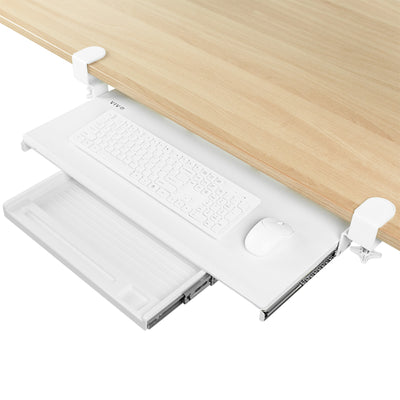 Clamp-on keyboard tray with pencil drawer for convenient space-saving desk workstation.