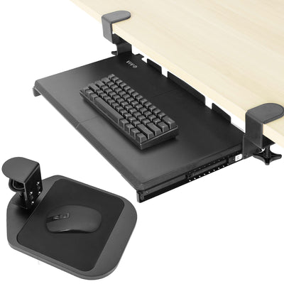 Clamp-on keyboard tray with an additional clamp-on mouse pad.