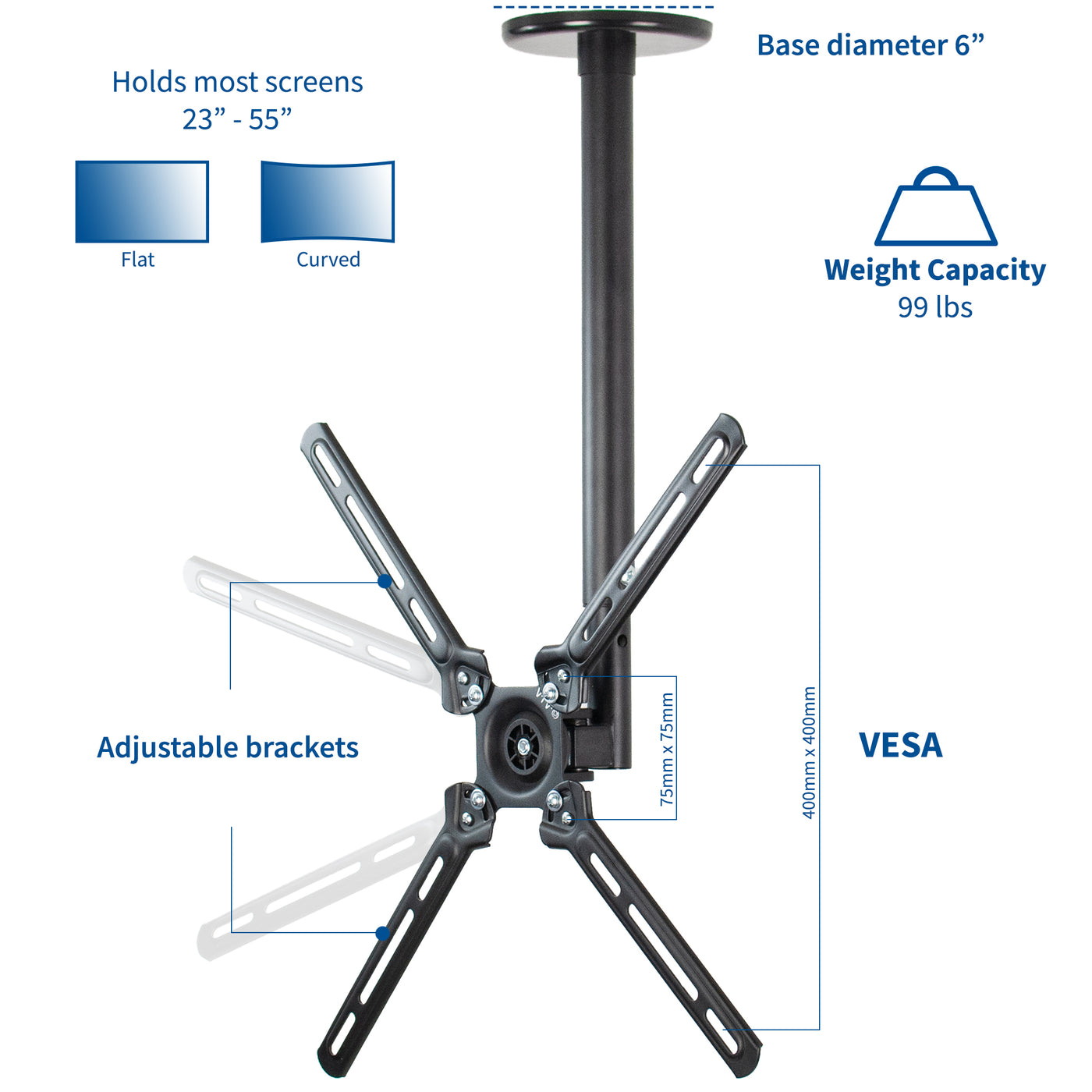 Heavy-duty height adjustable TV ceiling mount and soundbar bracket for enhanced audio speaker system with VESA design and adjustable brackets.