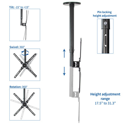 Heavy-duty height adjustable TV ceiling mount and soundbar bracket for enhanced audio speaker system with tilt, swivel, and rotation, capabilities and pin locking height adjust.