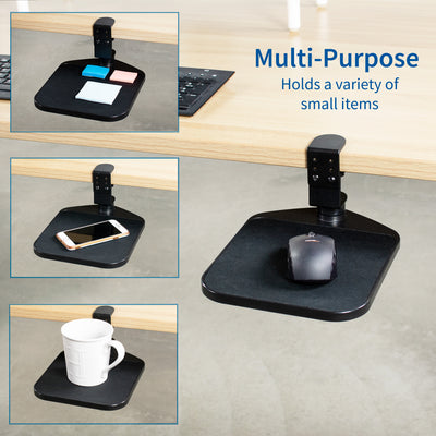 Full rotation/swivel attachable mouse pad that can be stored under the desk when not in use for a clean office space.