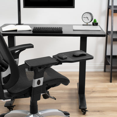 Ergonomic chair with a strap-on armrest mousepad.