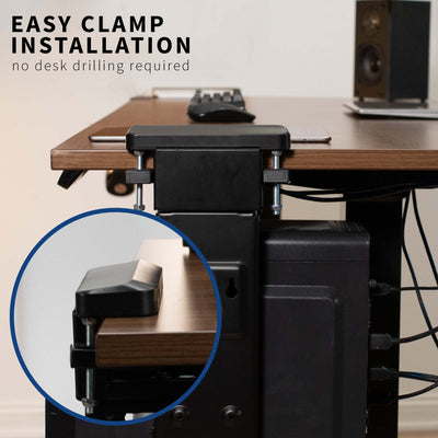 Easy install clamp-on mount computer holder with USB ports for convenient charging and connecting to PC.