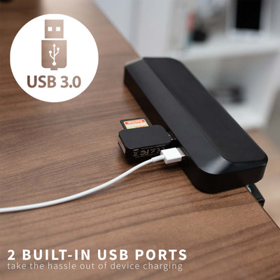 Sturdy clamp-on mount computer holder with USB ports for convenient charging and connecting to PC.