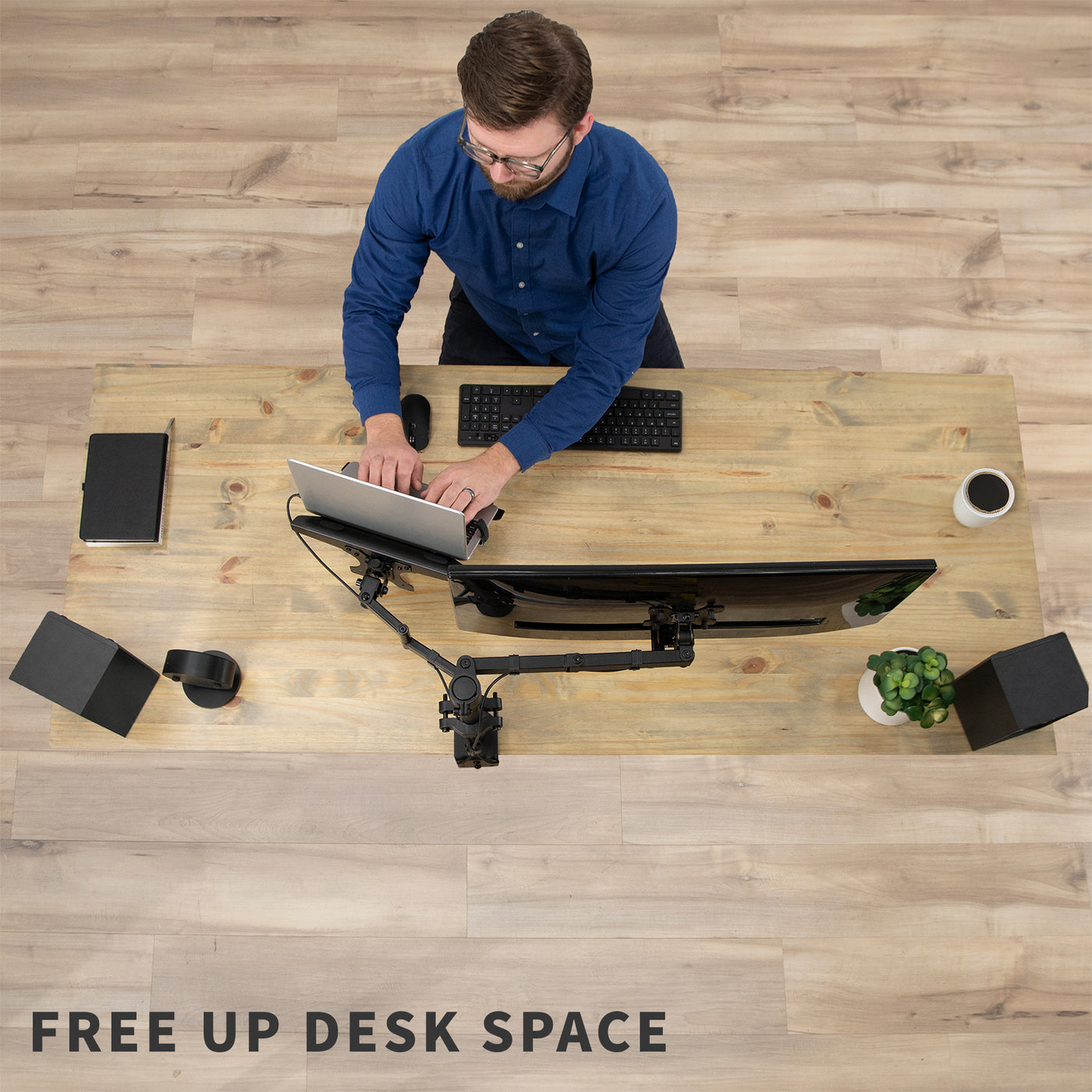 Free up surface-level desk space by elevating your laptop to ergonomic heights with your monitor.