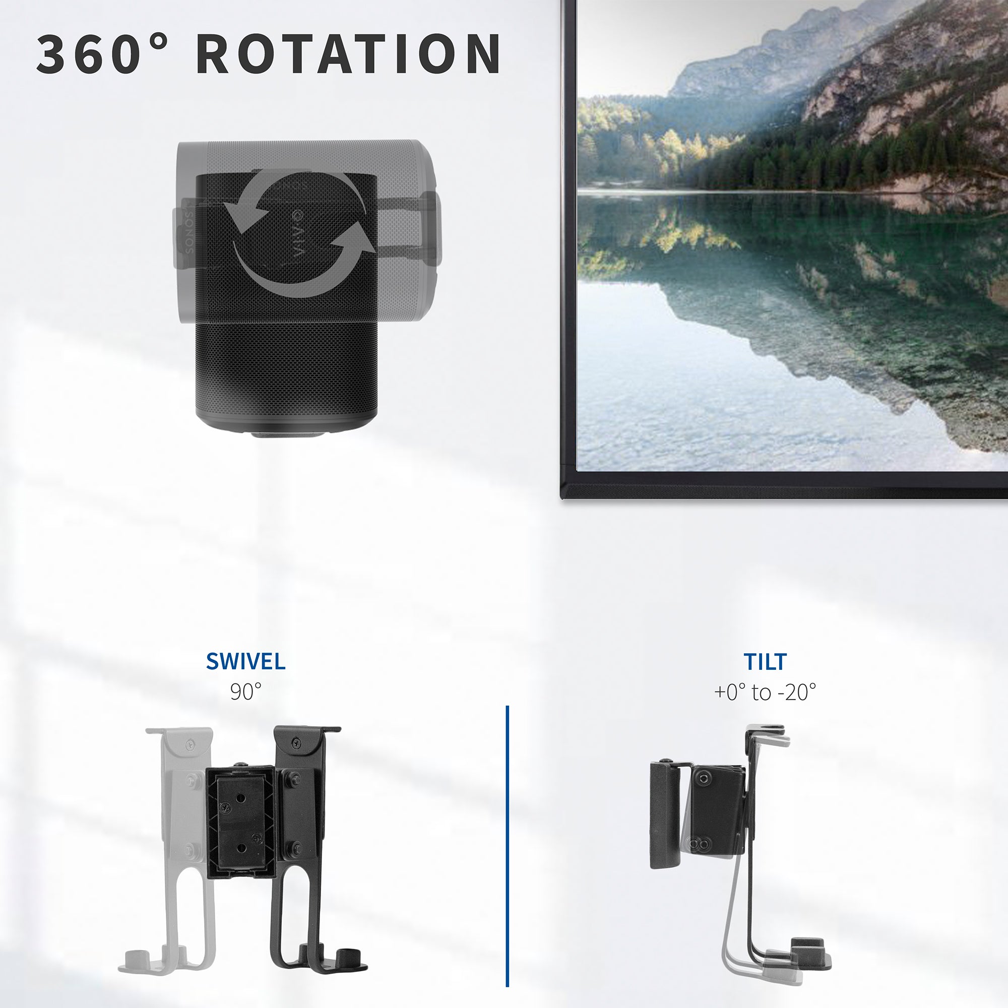 Wall mount for Sonos Play:1 with three-sixty rotation, ninety-degree swivel, and twenty-degree tilt.