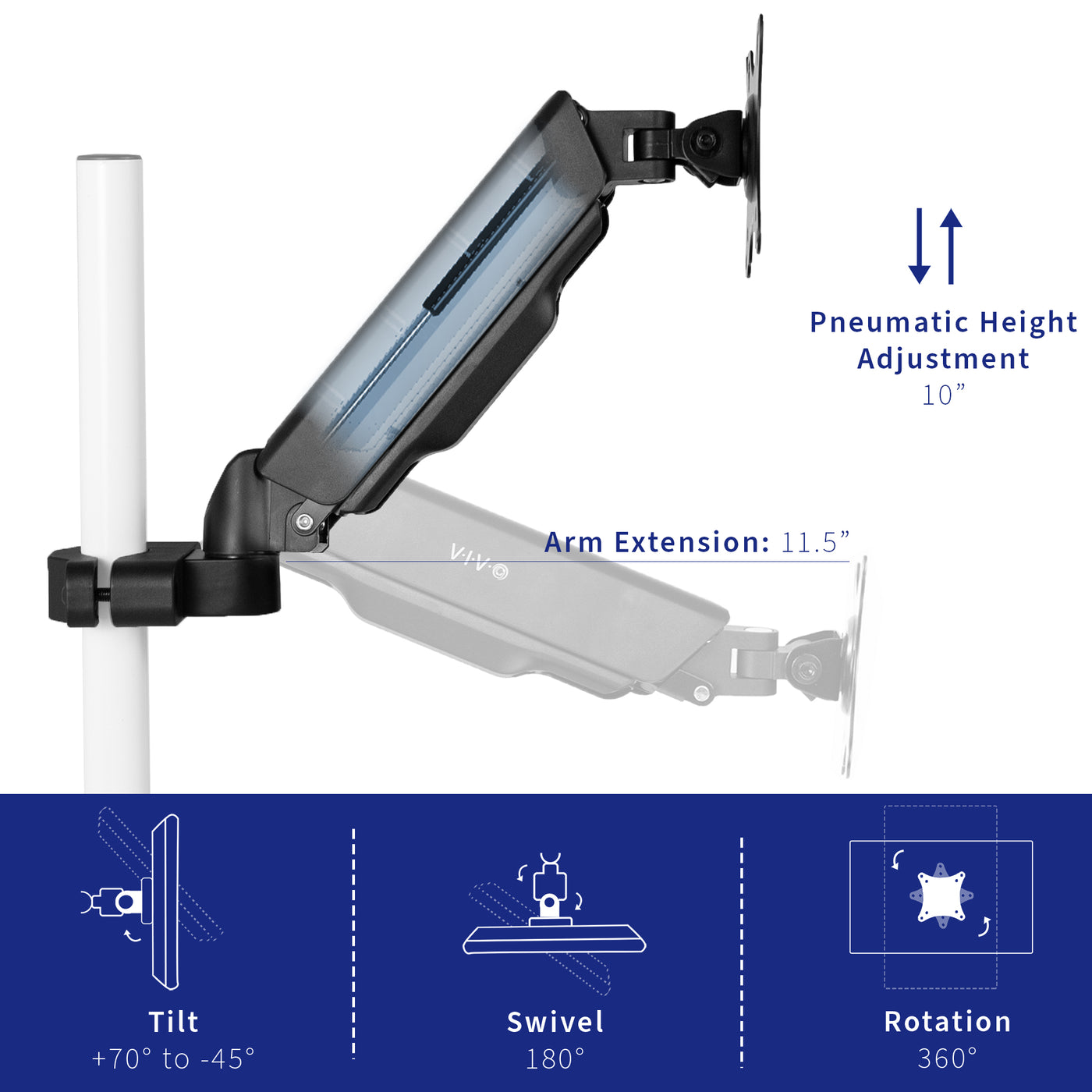 Height adjustments are made easy with a sturdy pneumatic arm including tilt, rotation, and swivel.