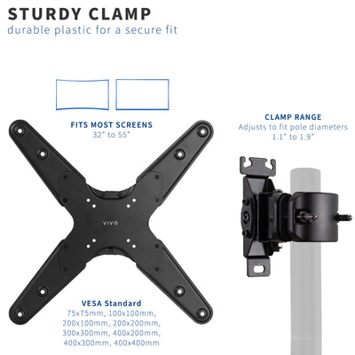 Study and adjust the C-clamp to fit most poles and screens.