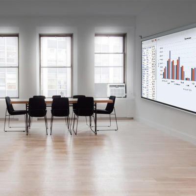 Meeting space with a functional projector displaying paragraphs in an office space.