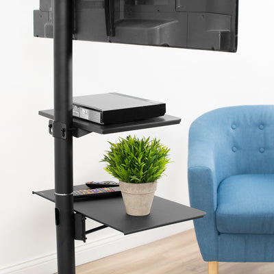Under the monitor shelf hold a tablet in a convenient place for a more efficient workspace.