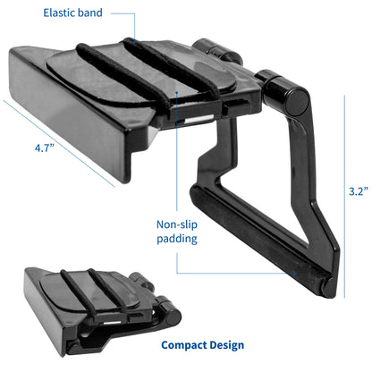 Compact design non slip padded TV mount clip for convenient storage of media box streaming devices.