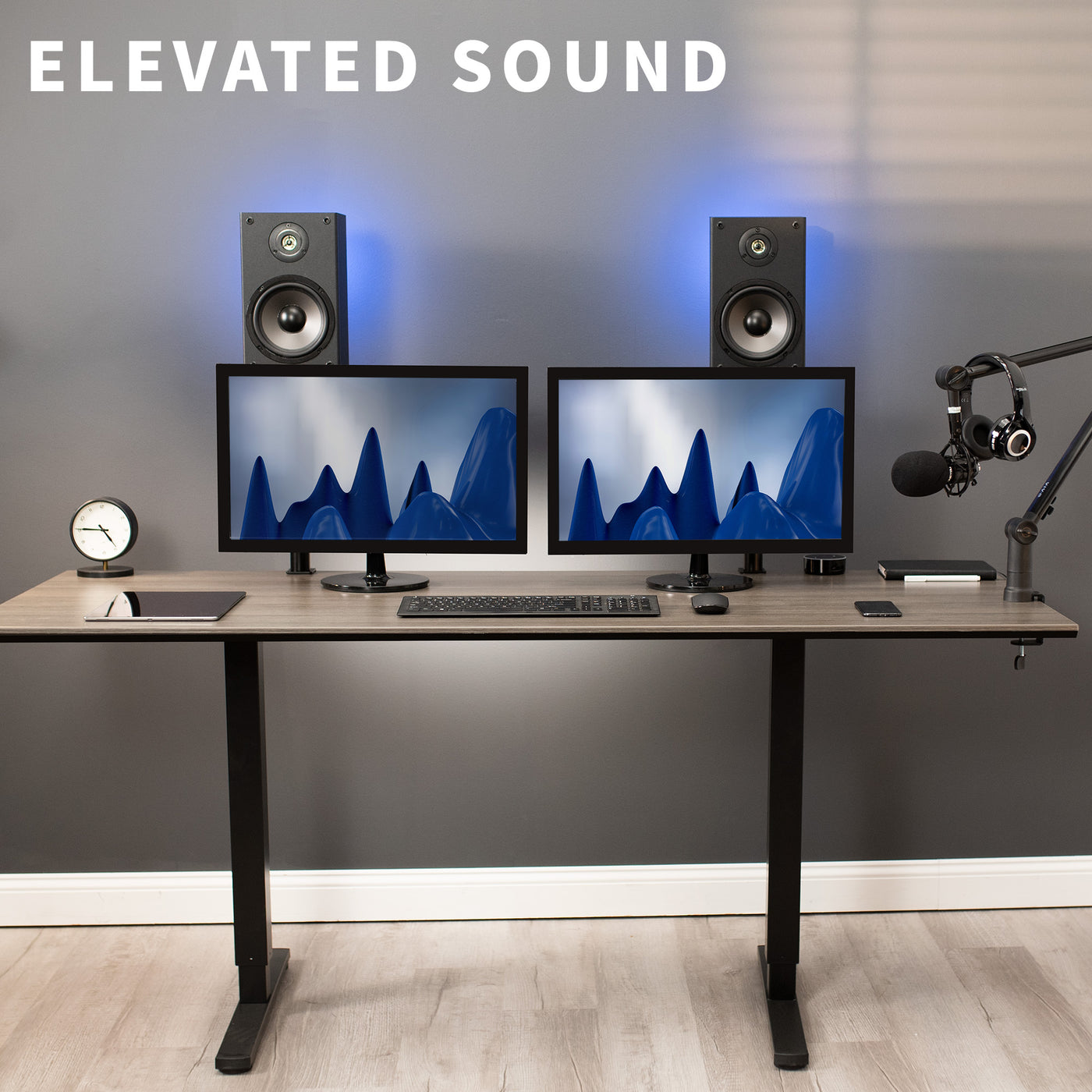 Elevate your sound system with dual black clamps on speaker mounts.