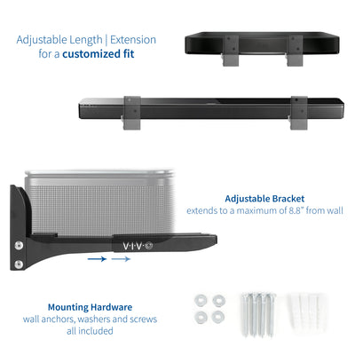 Length adjustments of brackets are provided to best accommodate the soundbar.