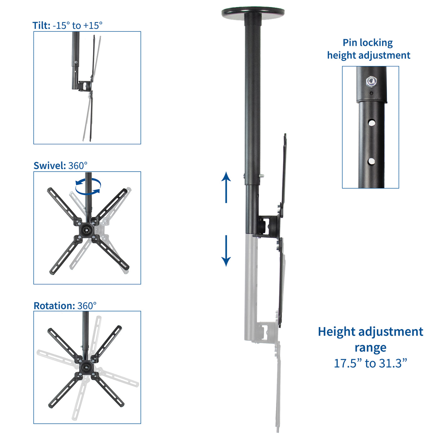 Heavy-duty height adjustable TV ceiling mount with tilt, swivel, and rotation capabilities.